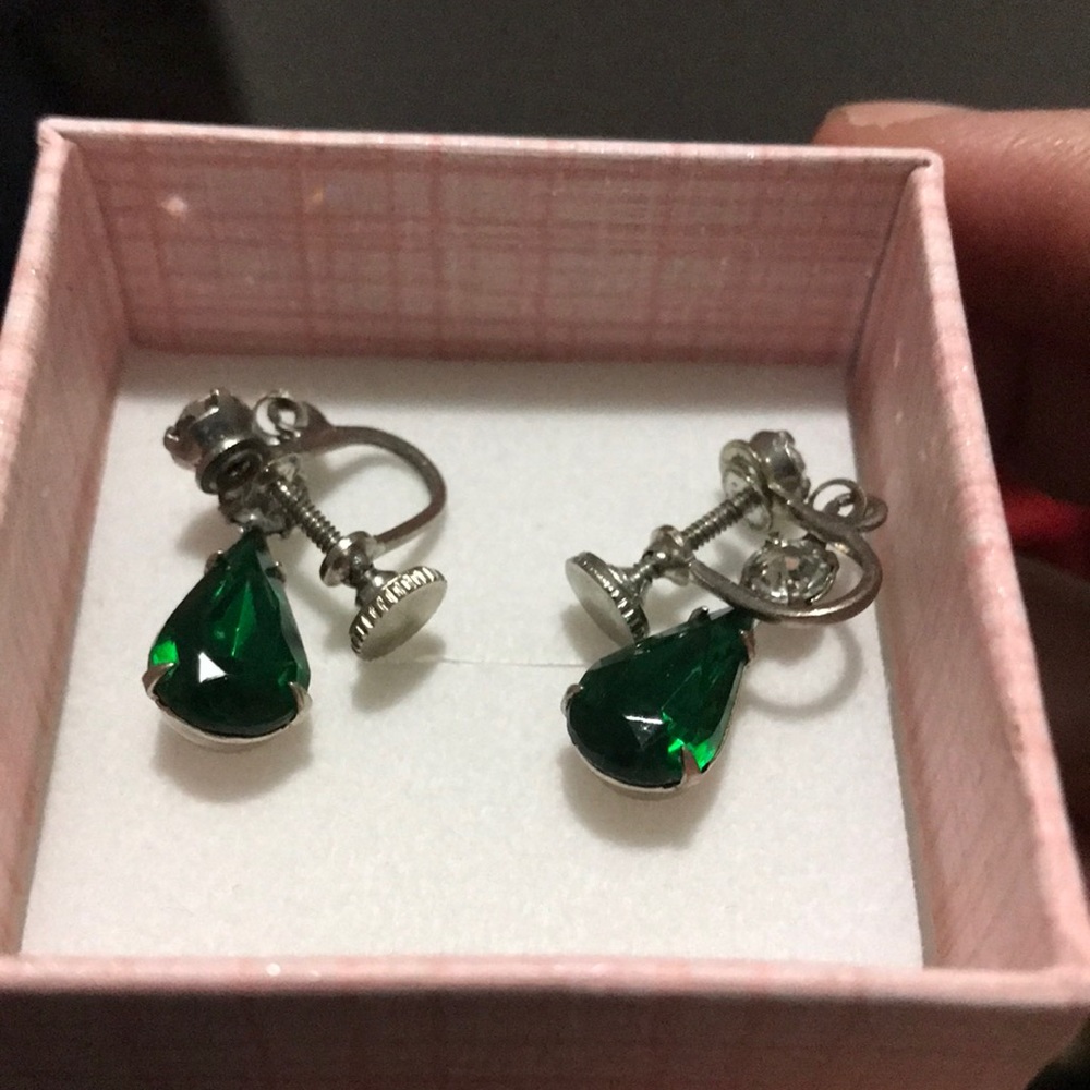 Vintage Clip On Silver Tone White Stone Green Stone Drop Earrings
